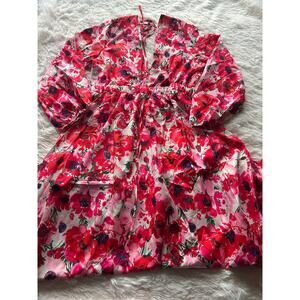 S-DEER Floral Midi Dress Size L Red Pink Long Sleeve Tie Neck Boho Maxi Dress